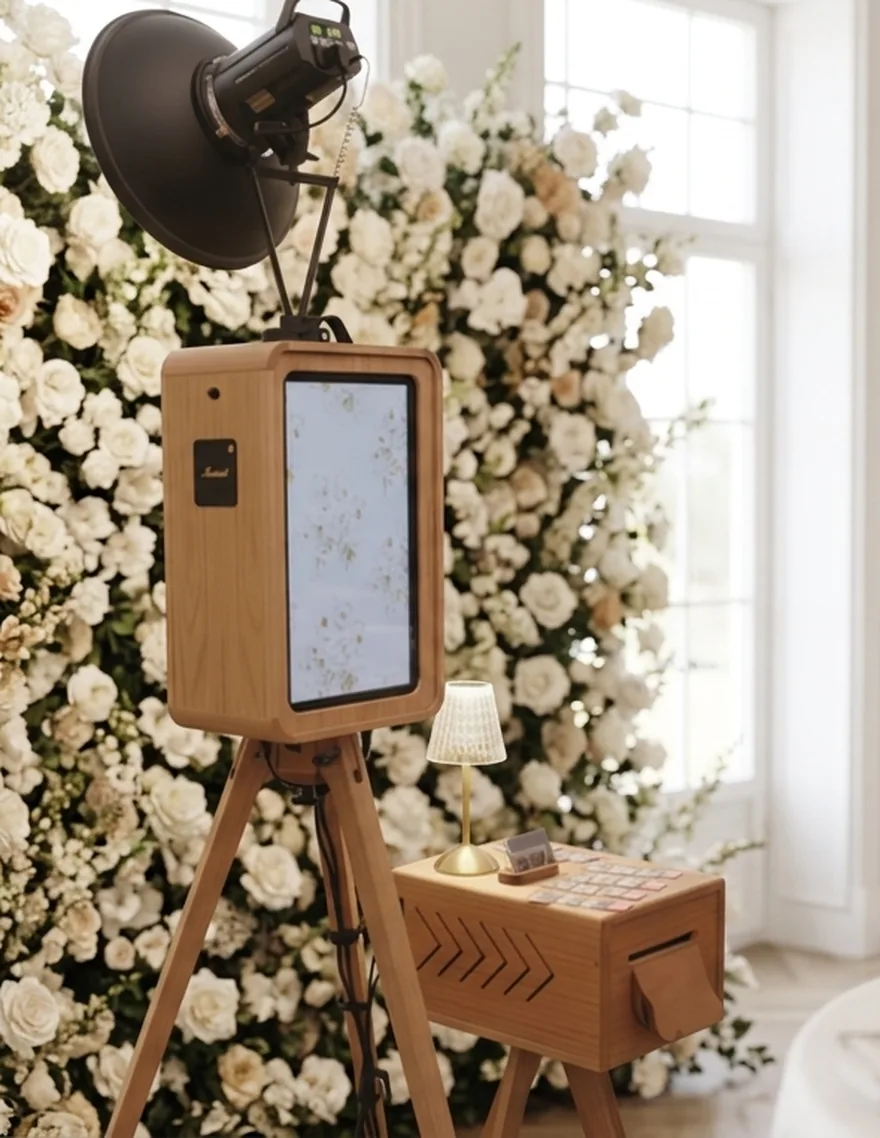 Our retro photo booth in front of a white floral wall at a wedding reception — lit dish lamp, wood body on its tripod, and the print box beside it
